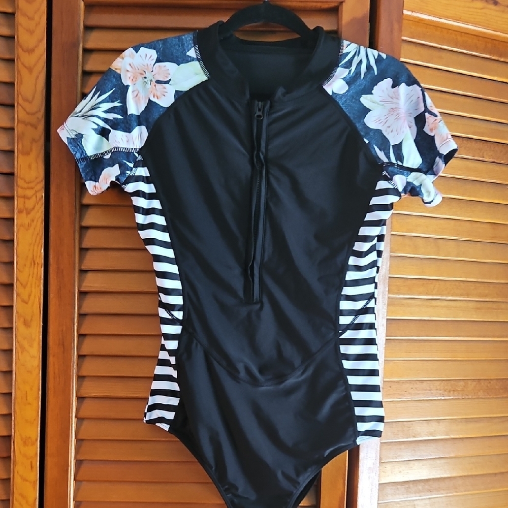 Floral and Striped One Piece Swimsuit